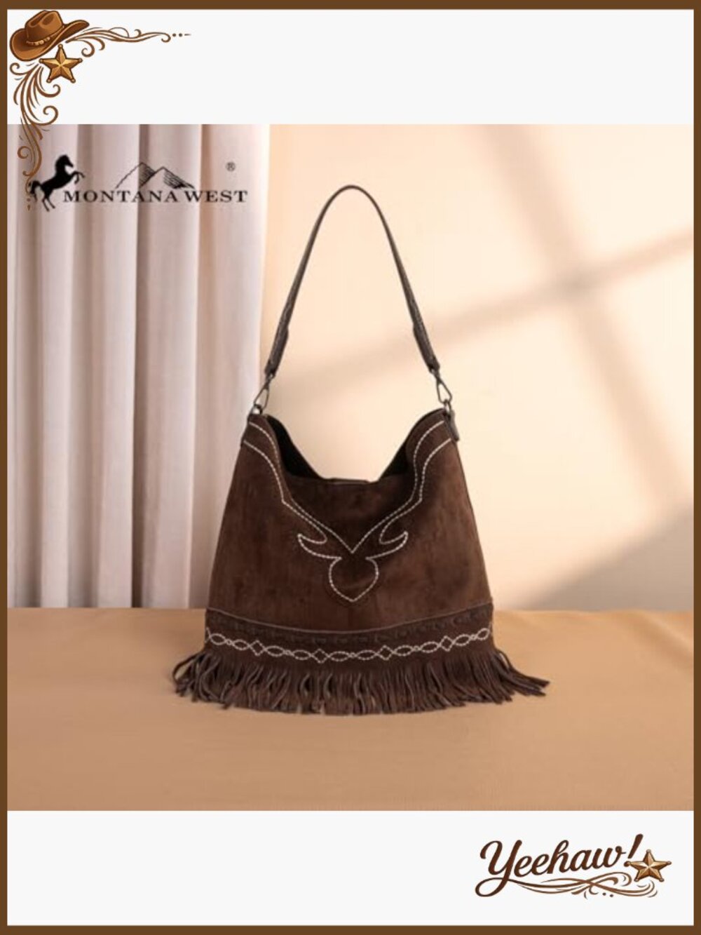 Fringe Suede Hobo Bag with Embroidered Strap - Picture 3 of 6